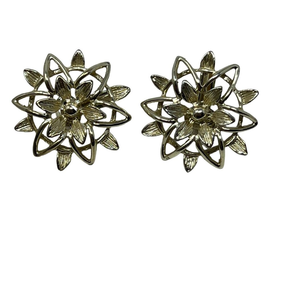 Vintage Sarah Coventry Earrings Flower Snowflake Clip On Gold Tone